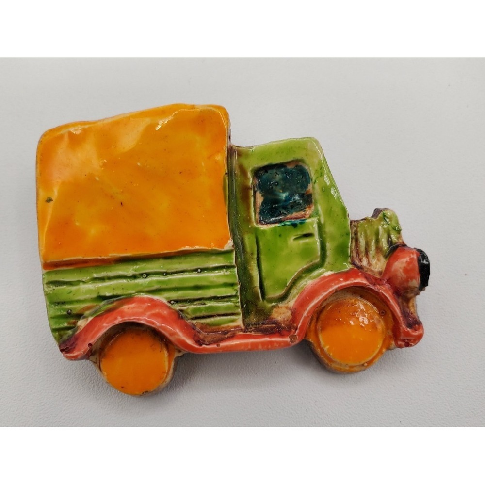 Vtg Signed W. Germany Early Plastic Orange & Green Truck Brooch Pin